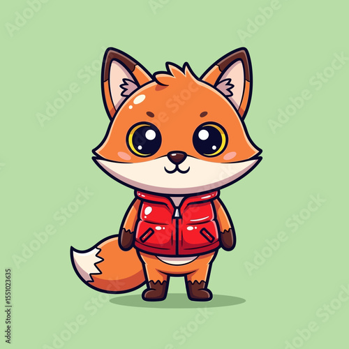Cute Cartoon Fox Wearing a Red Puffer Vest.