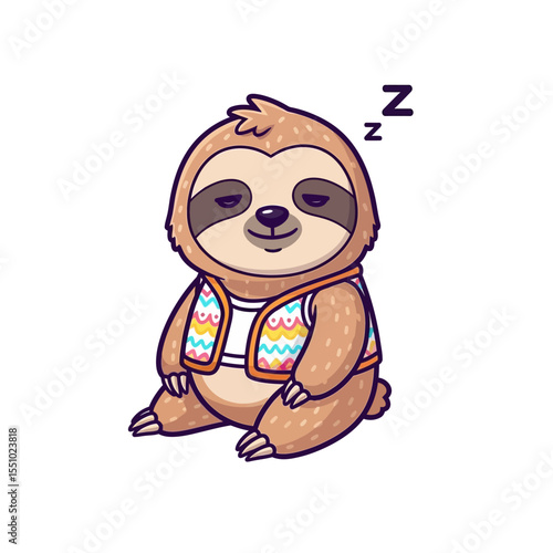 Cute Sleepy Sloth Wearing a Colorful Vest.