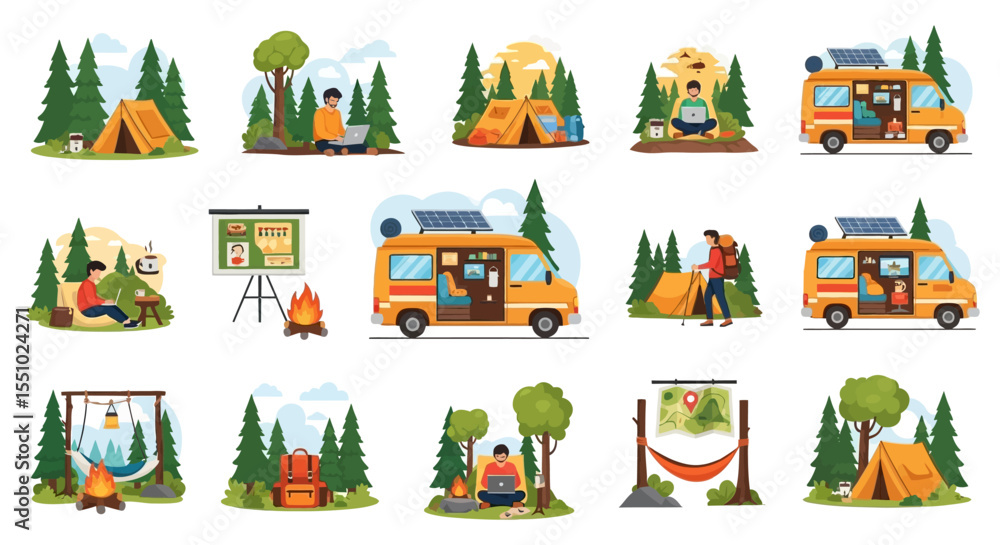 Obraz premium Orange Camper Van with Solar Panel Fully Equipped for Camping Adventures.