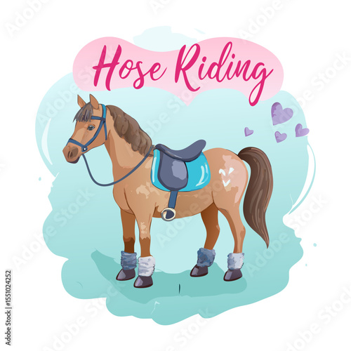 Horse Riding Cartoon Illustration for Kids, Cute Equestrian Clipart, Saddle Pony Drawing, Riding School Art, Animal Training Design

