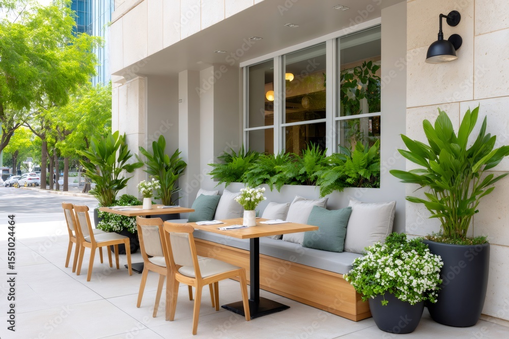 Fototapeta premium Outdoor cafe tables and bench seating inviting customers to relax and enjoy a meal