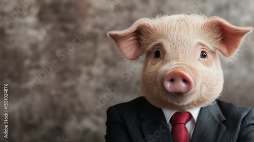 A humorous concept of a pig dressed in a suit symbolizes financial astuteness and corporate charm, blending whimsical imagery with a sharp business context in a lighthearted way.