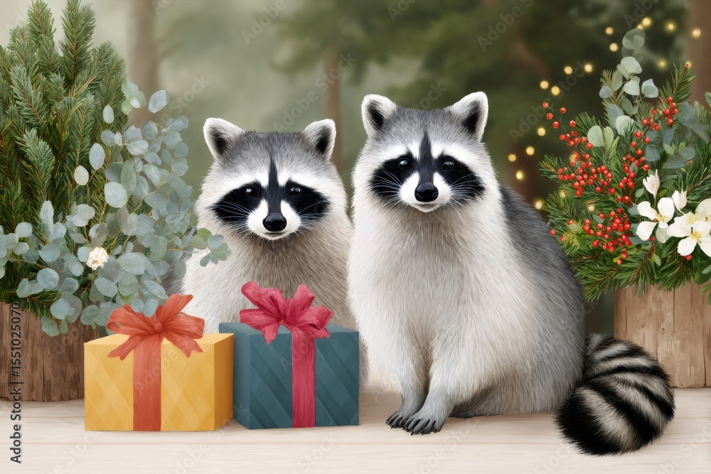 Fototapeta premium Two raccoons celebrating christmas with gifts and floral arrangements