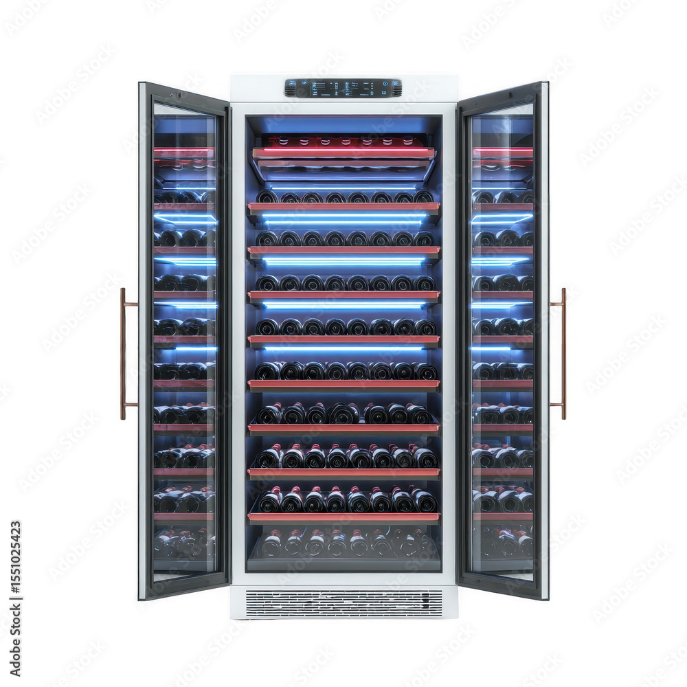 Double-door wine cooler with numerous bottle compartments Double-door wine cooler with numerous bottle compartments