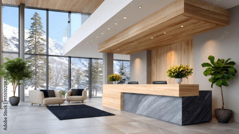 Fototapeta premium Modern hotel lobby overlooking snowy mountains with reception desk