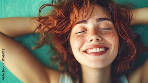 A bright, happy girl lays against a vibrant backdrop, smiling widely with her eyes closed, embodying pure joy and positivity, evoking feelings of cheerfulness and warmth.