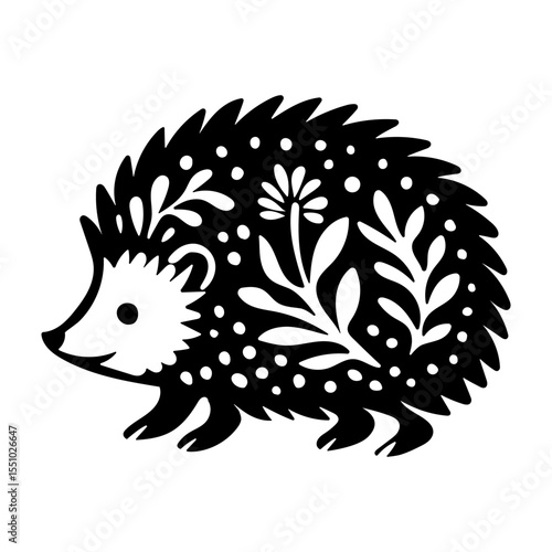 Rustic style figurine with a hedgehog. Ethnic sticker. Bohemian animal silhouettes and floral patterns on Scandinavian style textiles. Handmade relief image of a hedgehog in the style of linocut.