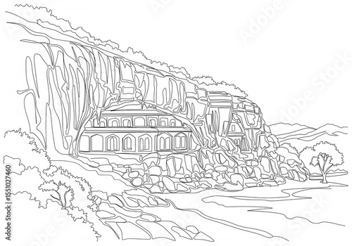 Lonavala Caves in India one line drawing
