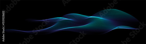 Flowing dots particles wave pattern 3D curve halftone blue green gradient curve shape isolated on black background. Vector in concept of technology, science, music, modern.