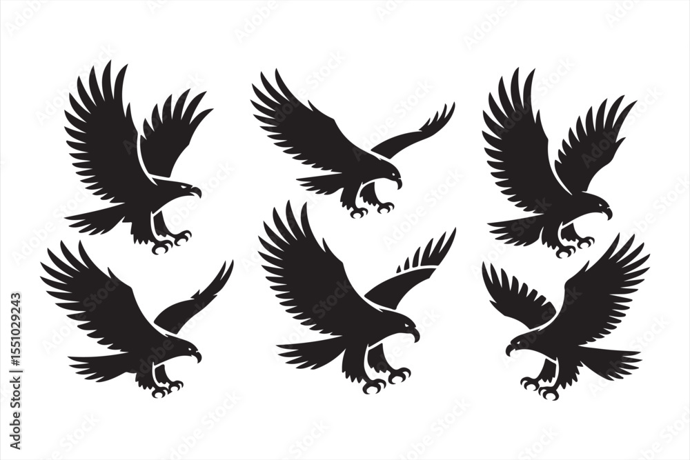 Obraz premium Bold eagle vector silhouettes in flight and perched
