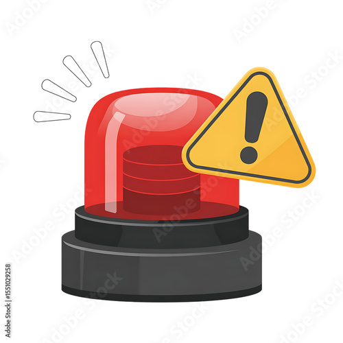 Red warning siren light with an exclamation mark in a yellow triangle symbol indicating danger or alert isolated on transparent background