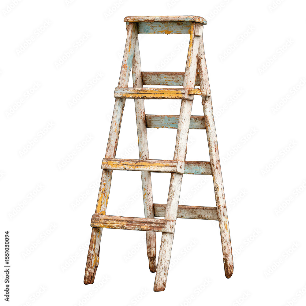 Aged wooden stepladder, weathered paint Aged wooden stepladder, weathered paint