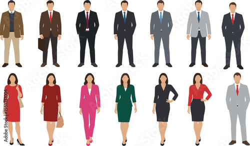 Business people wearing office clothes standing in formal poses, corporate team illustration, flat vector professionals in suits, diversity concept for company, HR, recruitment, teamwork