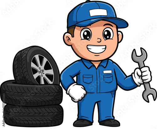 Cartoon auto mechanic in blue uniform holding wrench, smiling next to stacked tires, professional repair service concept, isolated vector illustration for garage business