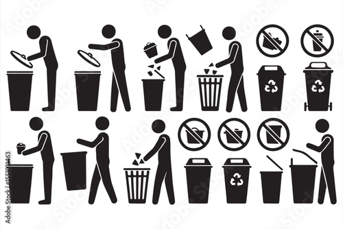 Waste disposal icons with bins and no littering symbols