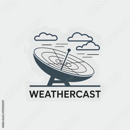 A Dark Gray Satellite Dish Icon Against a Light Gray Background with Simple Clouds and the Word Weathercast Below