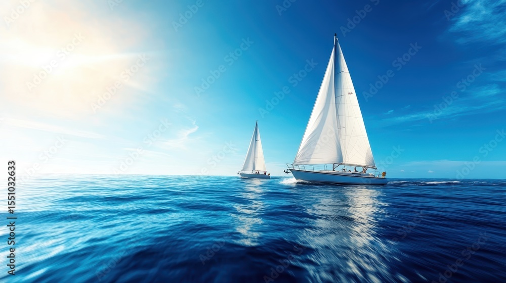 Obraz premium Two elegant sailboats glide gracefully across the sparkling blue waters under a vast sky, embodying freedom, adventure, and the beauty of nature at sea.