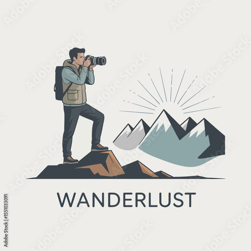 A male photographer with a backpack stands on a mountain peak taking a photograph of a majestic mountain range under a radiant sun a wanderlust themed illustration in muted earth tones