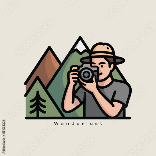 A man wearing a beige hat takes a photograph of a mountain landscape with a camera a stylized illustration featuring green brown and beige colors a wanderlust theme