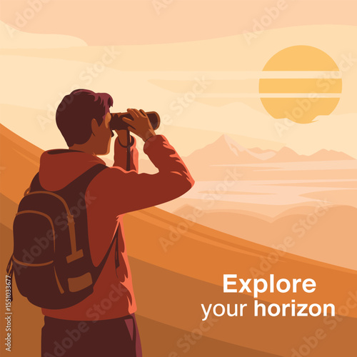 A Person with a Backpack Uses Binoculars to View a Vast Orange and Brown Mountain Landscape Under a Large Yellow Sun