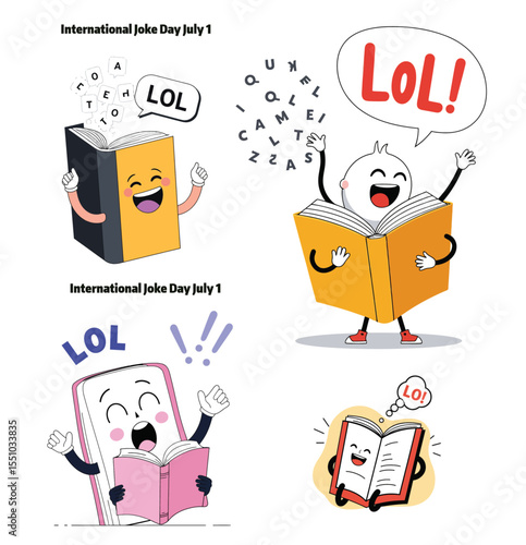 4 vector set of Laughing joke book character reading out loud flat funny vector for International Joke Day