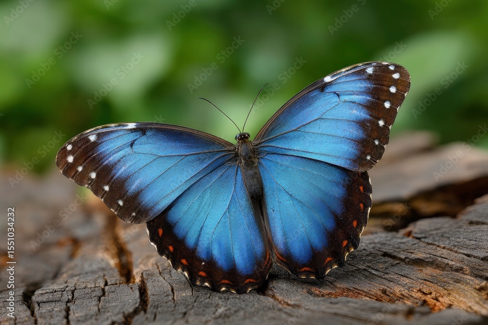 Obraz premium Blue Morpho butterfly rests on weathered wood striking blue wings brown borders stand out against a blurred green backdrop