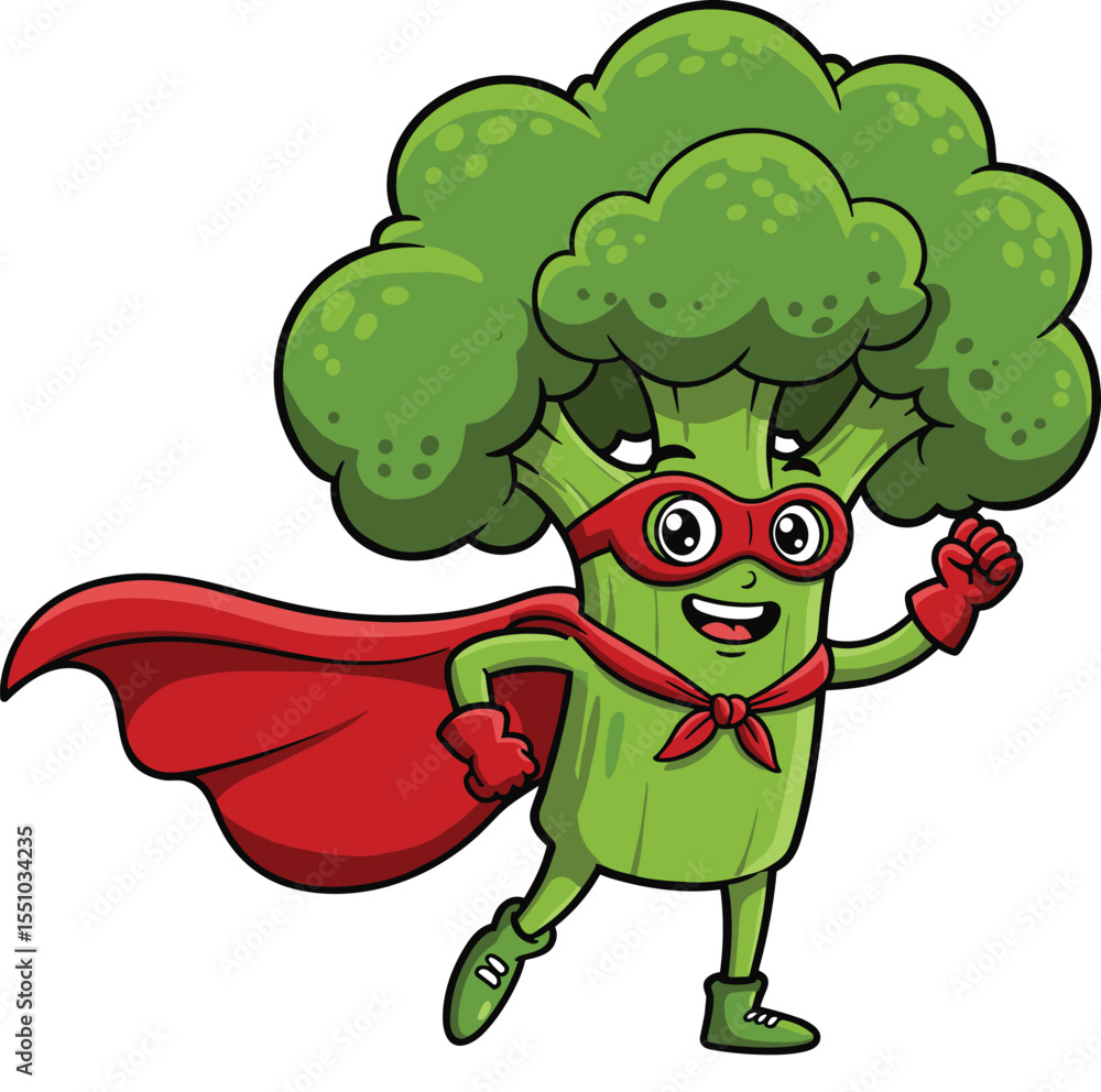 Fototapeta premium Cartoon superhero broccoli character with red cape, green healthy vegetable mascot running, funny food hero illustration, fitness concept, organic nutrition, vector art