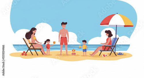 Flat lay vector illustration of happy family enjoying summer vacation at beach, parents and kids playing in sand, swimming, and relaxing under umbrella, blue sky - summer holiday concept