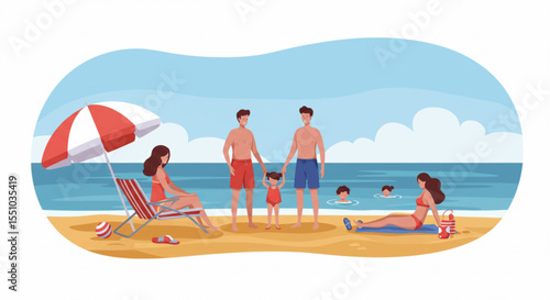 Flat lay vector illustration of happy family enjoying summer vacation at beach, parents and kids playing in sand, swimming, and relaxing under umbrella, blue sky - summer holiday concept