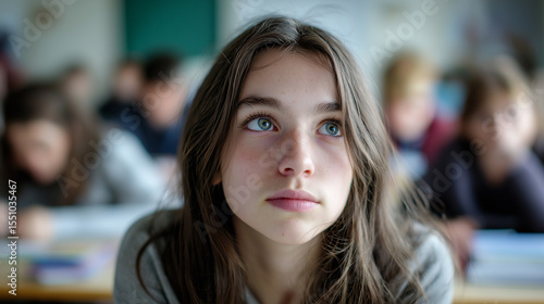 Wallpaper Mural Teenage girl sitting in a classroom, looking at the camera with thoughtful expression.
 Torontodigital.ca