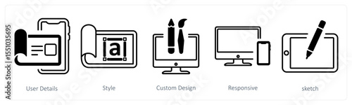 A set of 5 mix icons as user details, style, custom design