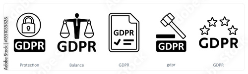 A set of 5 mix icons as protection, balance, gdpr