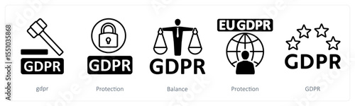 A set of 5 mix icons as gdpr, protection, balance
