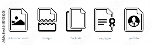 A set of 5 mix icons as picture document, damaged, duplicate