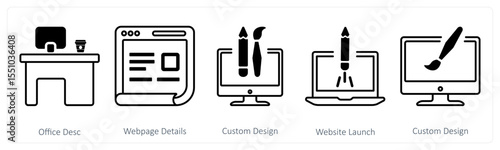 A set of 5 mix icons as office desk, webpage details, custom design