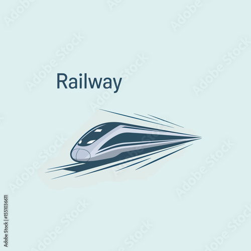 A stylized illustration of a highspeed silver and dark blue train speeding along railway tracks against a light blue background the word Railway is displayed above the train