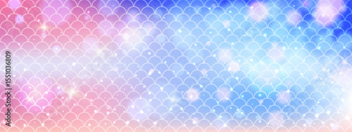Seamless holographic mermaid background with blue red tones. Repeated scale pattern forms fish tail effect. Pink vector backdrop with marine theme.