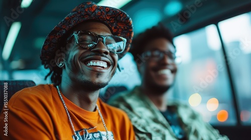 Two young men share smiles and laughter while riding public transport, showcasing friendship and joy in a lively urban environment with blurred city lights in the background.