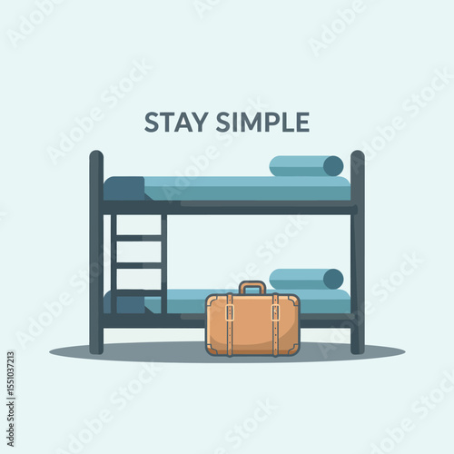 A Tan Suitcase Sits Before a Dark Gray Metal Bunk Bed with Teal Blue Bedding Against a Light Blue Background Text Overlay Reads Stay Simple