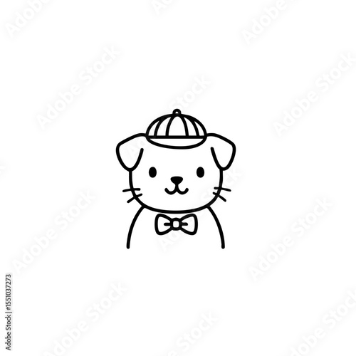 Cute dog with cap and bow tie icon in outline style