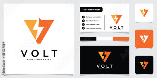 Letter V logo with thunderbolt in negative space with business card design