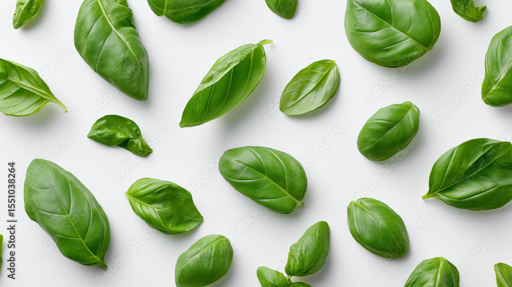 Fresh basil leaves arranged on a white background in a top-down view.
Fresh basil leaves arranged on a white background in a top-down view.