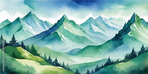 Majestic mountain landscape with snow-capped peaks, a misty valley, and a vibrant sky at sunrise