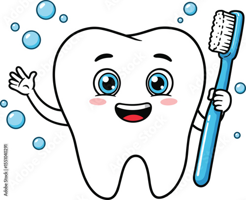 Cute cartoon tooth character holding toothbrush with smiling face, dental hygiene bubbles background, children dental care concept, oral health