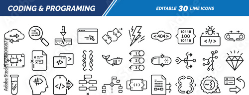 Line icons of programming concepts including code editor, API, bugs, function flow, source files, error messages, and cloud-based development tools.