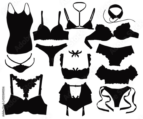 Women's underwear. Sexy Lingerie Collection vector, swimsuit or  lace underwear elements. Three or two piece bikini set. Lady underclothes, sports plunge bra, panties. Women spaghetti skinny tops.