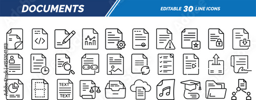 Editable document line icons featuring text files, analytics reports, file types, metadata, document folders, error papers, and charts.