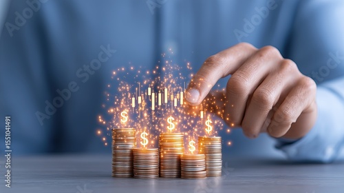 business graph with dollar symbol, investment app interface floating above hand with sparkles and dollar graph
