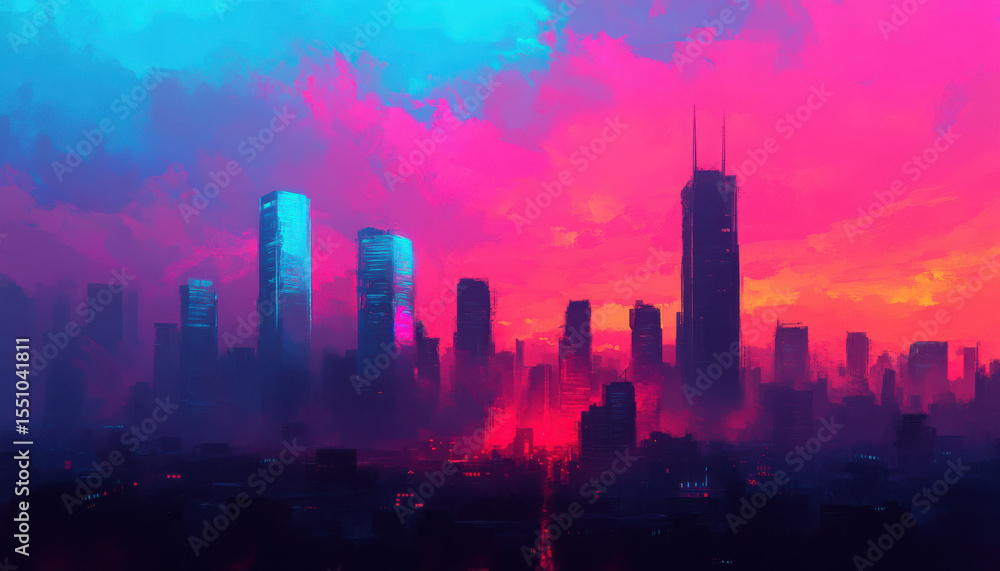 Fototapeta premium A vibrant city skyline under a dramatic sunset sky.