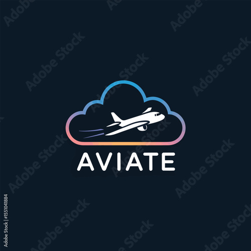 Aviate Logo Design Airplane in Gradient Cloud White Airplane Icon Blue Pink Orange Gradient Cloud Shape Minimalist Aviation Brand Identity Graphic Design
